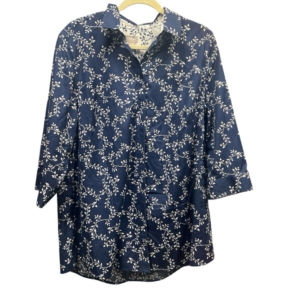 Chico's Womens‎ No Iron Cotton/Spandex Blue Floral Top  Size 3 (16/18)